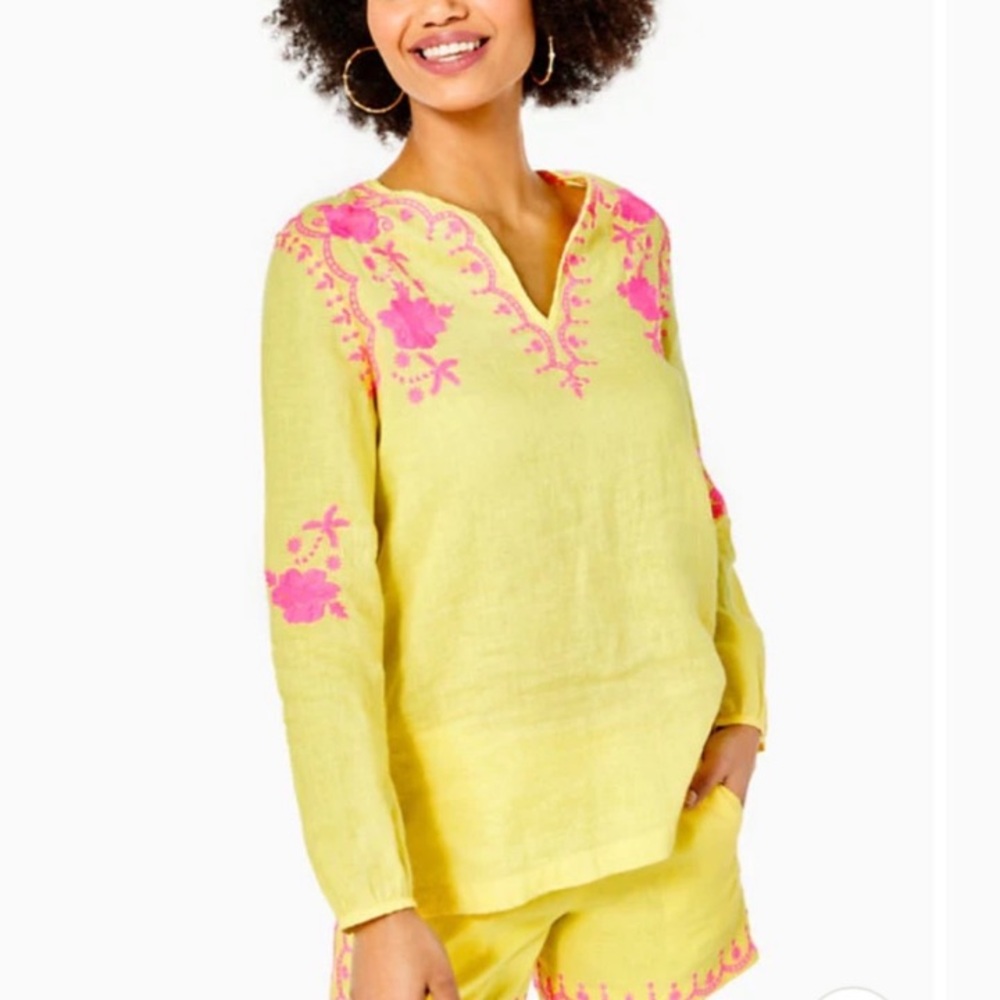 Lilly Pulitzer Coby Embroidered Linen Tunic Top in Calla Yellow Hot Pink XS SM